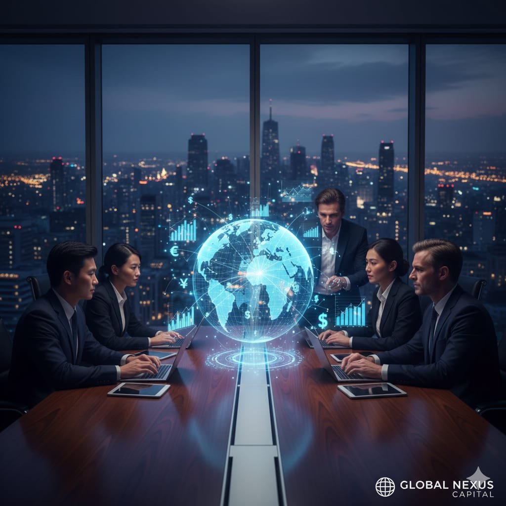 Gece şehir manzarası ve dünya haritası